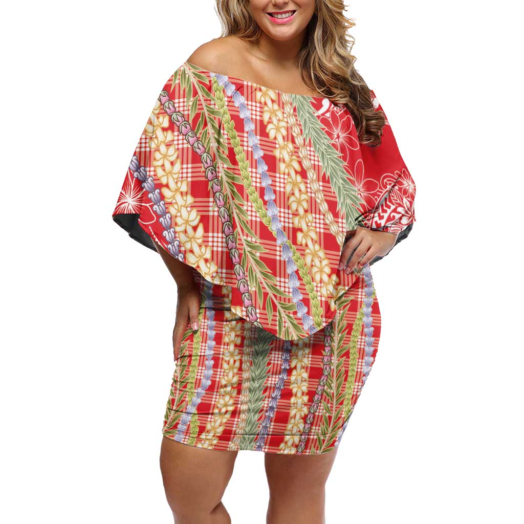 Red Palaka Hawaii Leis Family Matching Off Shoulder Short Dress and Hawaiian Shirt Hawaiian-plaid Elegant Tropical Vibes LT14 Mom's Dress Red - Polynesian Pride