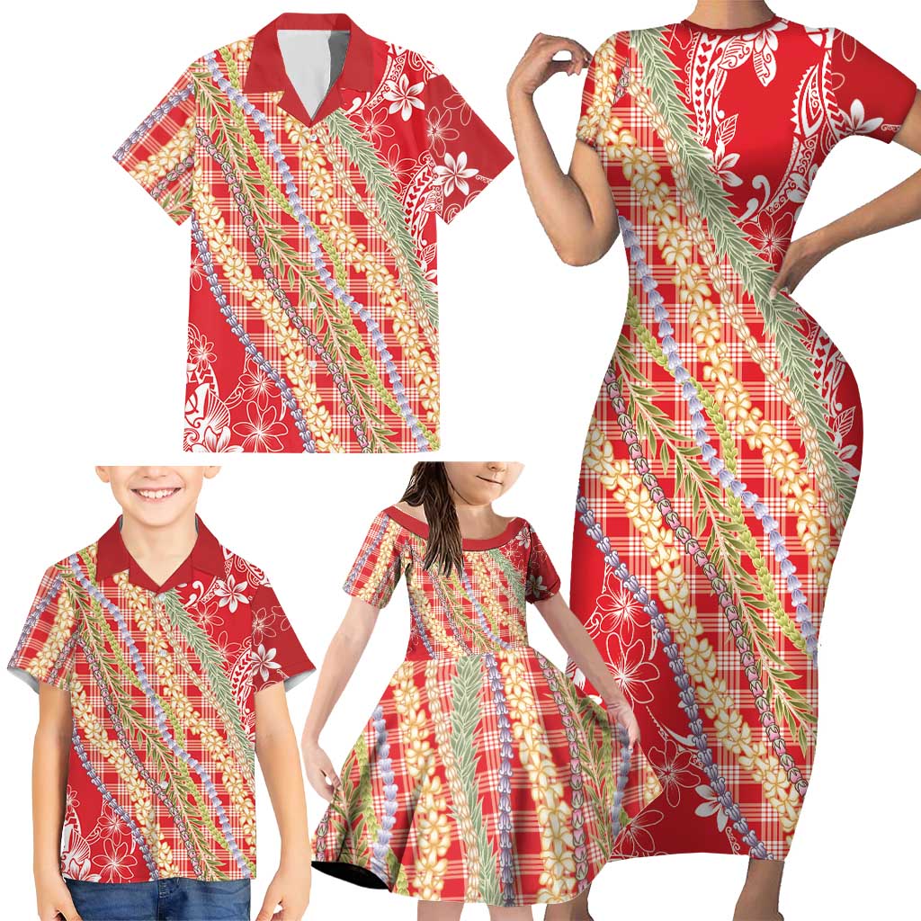 Red Palaka Hawaii Leis Family Matching Short Sleeve Bodycon Dress and Hawaiian Shirt Hawaiian-plaid Elegant Tropical Vibes - Polynesian Pride