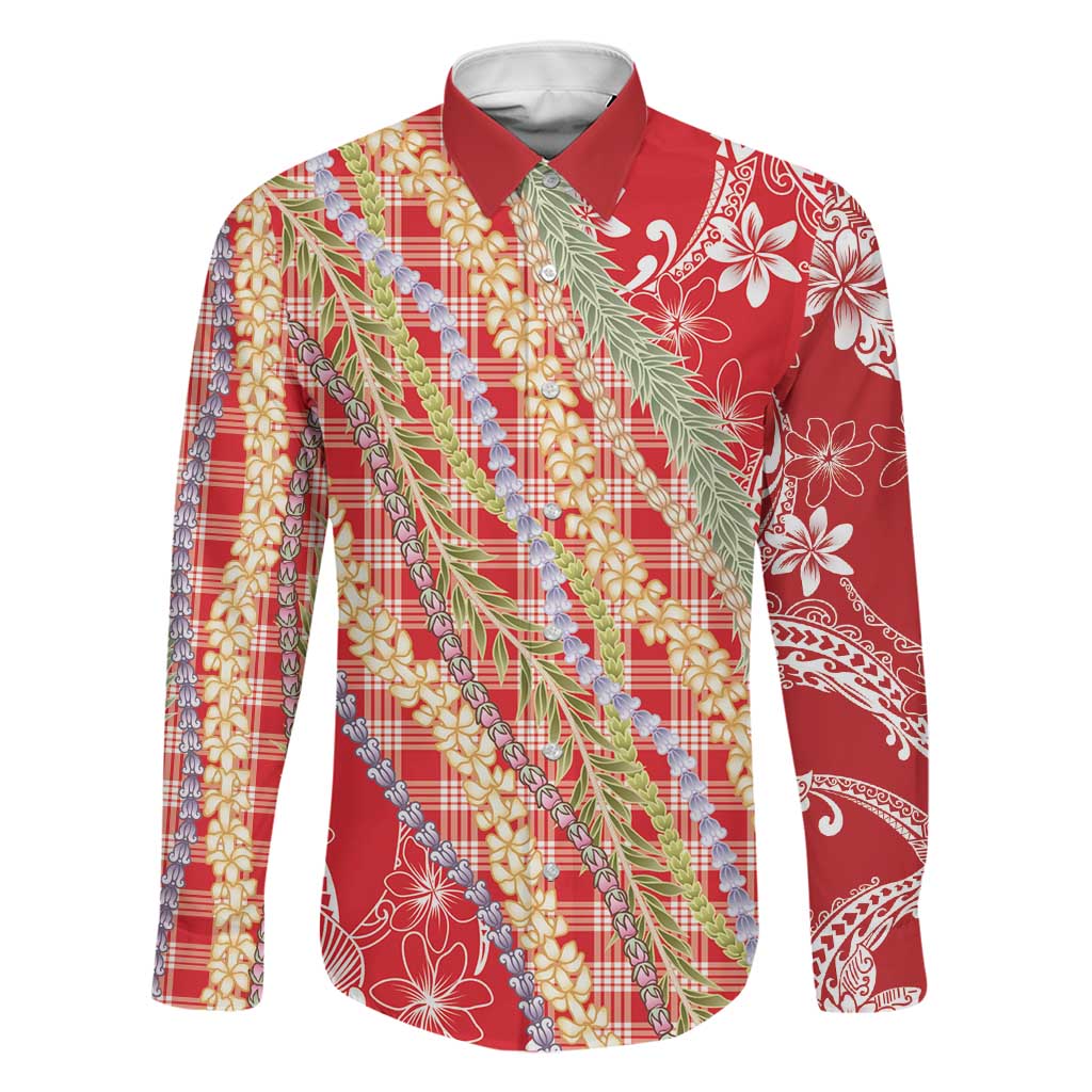 Red Palaka Hawaii Leis Family Matching Short Sleeve Bodycon Dress and Hawaiian Shirt Hawaiian-plaid Elegant Tropical Vibes LT14 Dad's Shirt - Long Sleeve Red - Polynesian Pride
