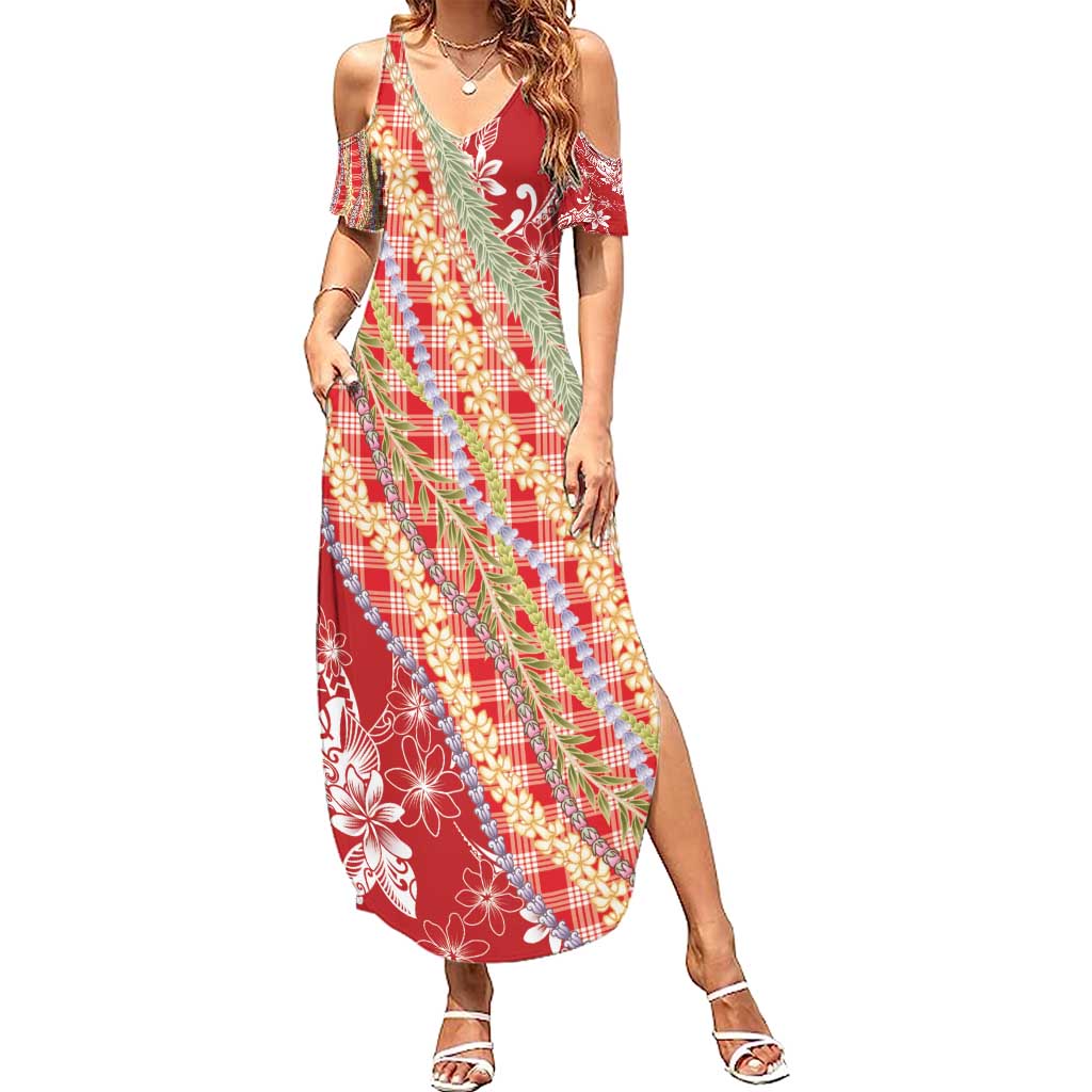 Red Palaka Hawaii Leis Family Matching Summer Maxi Dress and Hawaiian Shirt Hawaiian-plaid Elegant Tropical Vibes LT14 Mom's Dress Red - Polynesian Pride