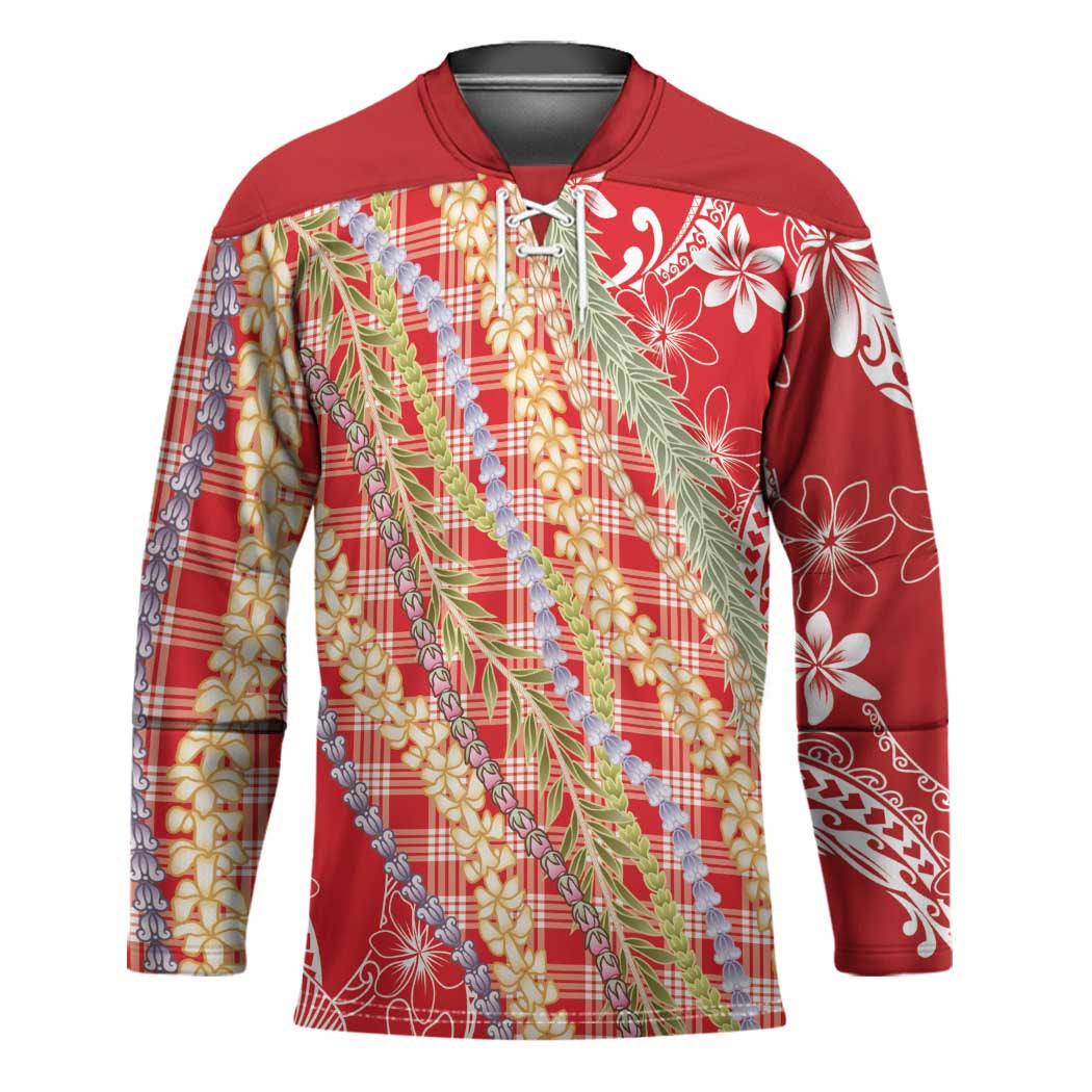 Red Palaka Hawaii Leis Hockey Jersey Hawaiian-plaid Elegant Tropical Vibes - Polynesian Pride