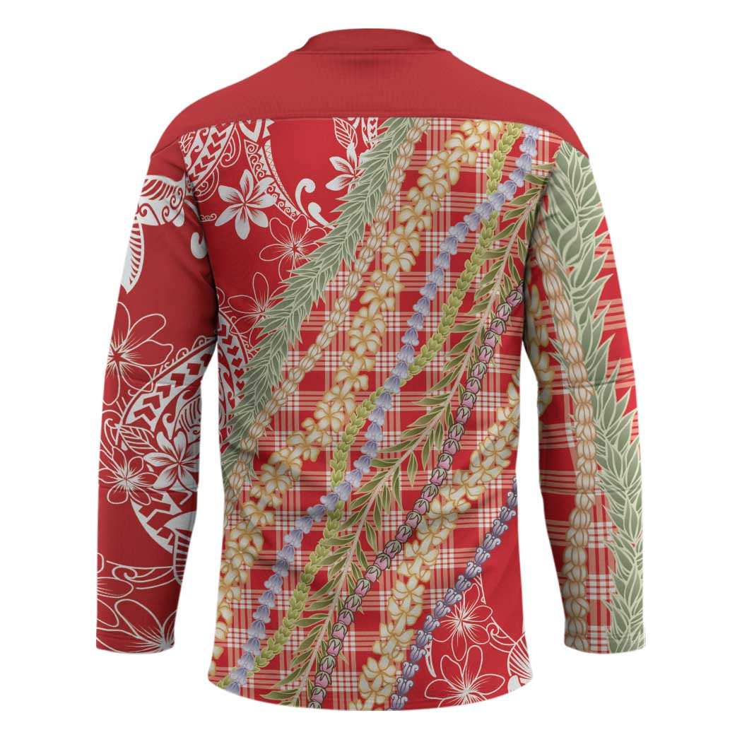 Red Palaka Hawaii Leis Hockey Jersey Hawaiian-plaid Elegant Tropical Vibes - Polynesian Pride