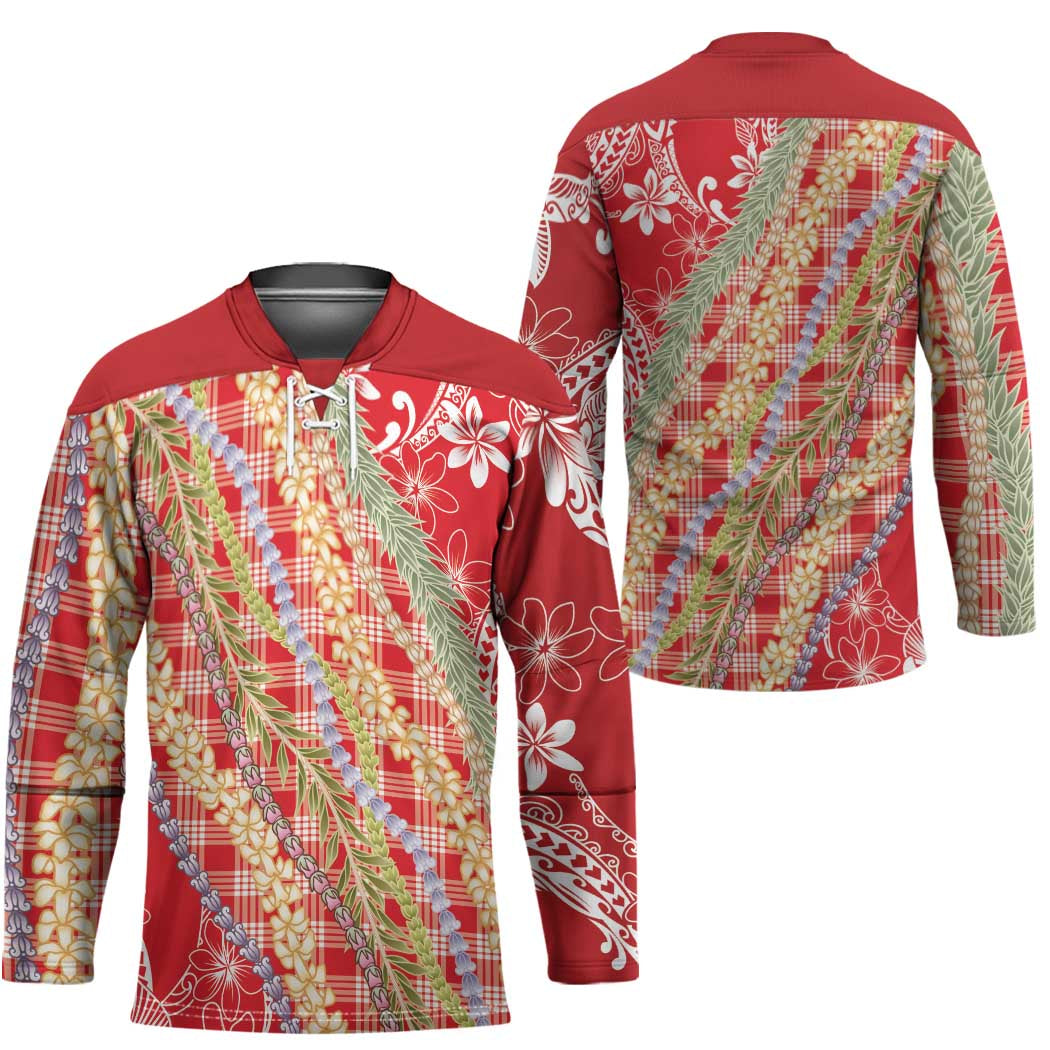 Red Palaka Hawaii Leis Hockey Jersey Hawaiian-plaid Elegant Tropical Vibes - Polynesian Pride