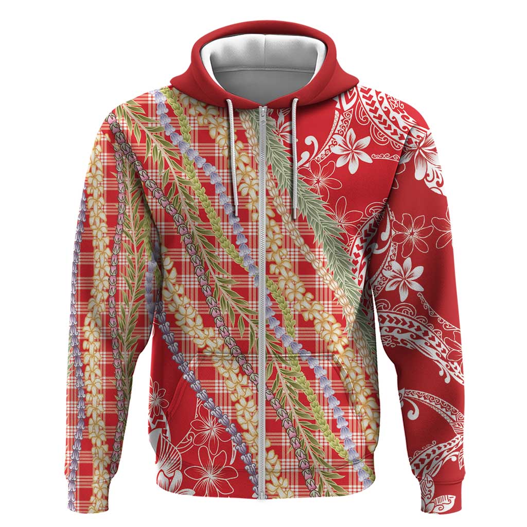 Red Palaka Hawaii Leis Hoodie Hawaiian-plaid Elegant Tropical Vibes LT14 Zip Hoodie Red - Polynesian Pride