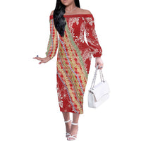 Red Palaka Hawaii Leis Off The Shoulder Long Sleeve Dress Hawaiian-plaid Elegant Tropical Vibes - Polynesian Pride