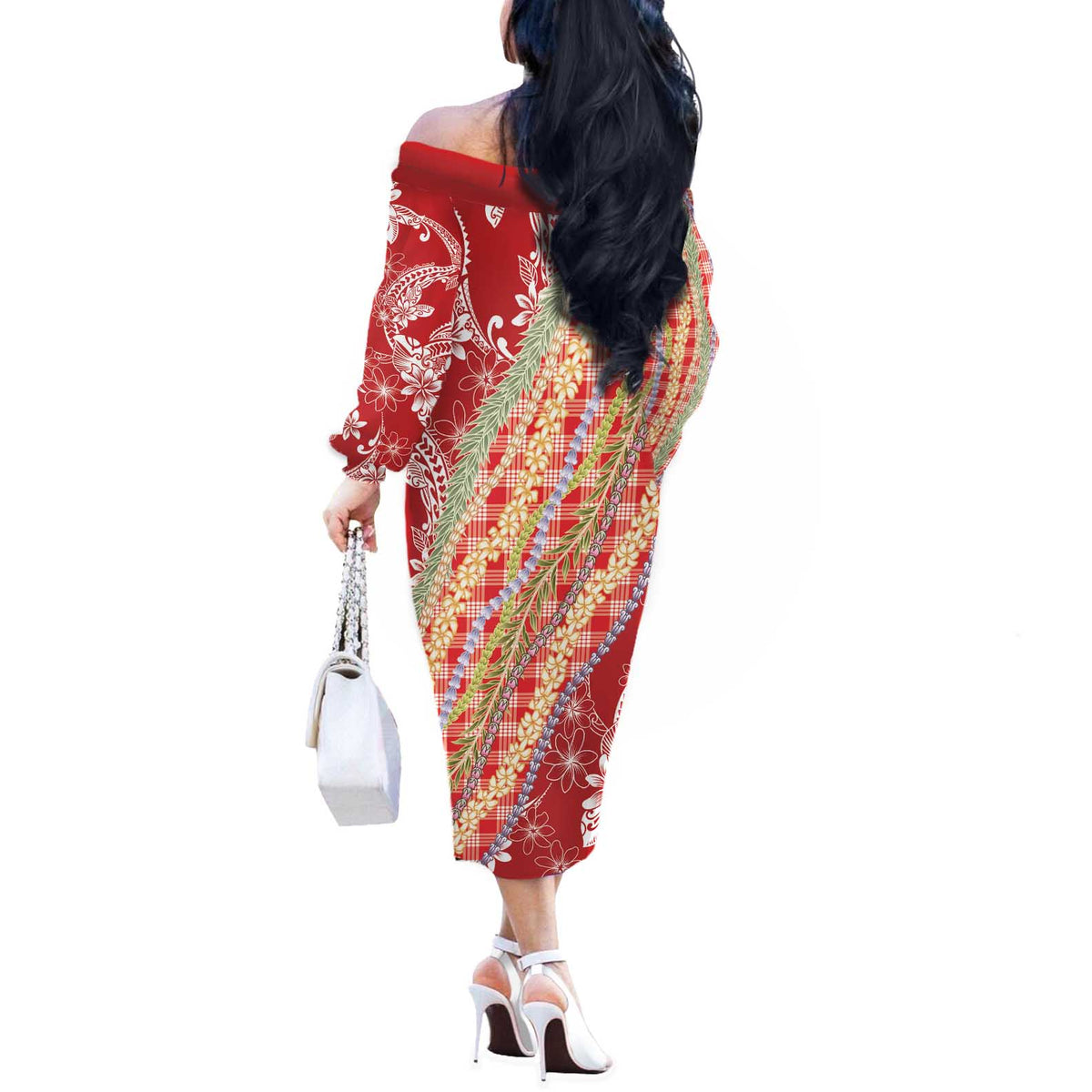 Red Palaka Hawaii Leis Off The Shoulder Long Sleeve Dress Hawaiian-plaid Elegant Tropical Vibes - Polynesian Pride