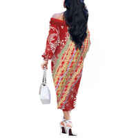 Red Palaka Hawaii Leis Off The Shoulder Long Sleeve Dress Hawaiian-plaid Elegant Tropical Vibes - Polynesian Pride