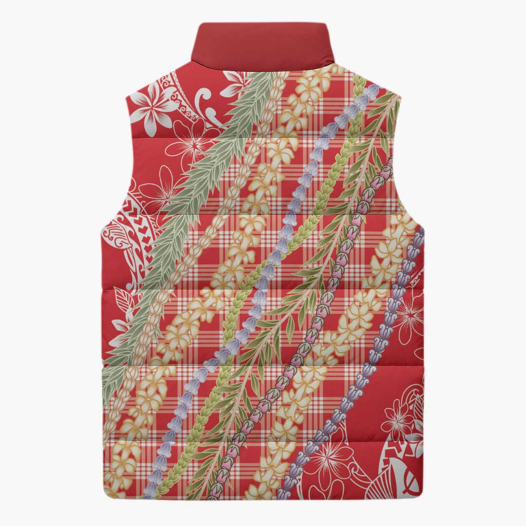 Red Palaka Hawaii Leis Sleeveless Puffer Jacket Hawaiian-plaid Elegant Tropical Vibes - Polynesian Pride