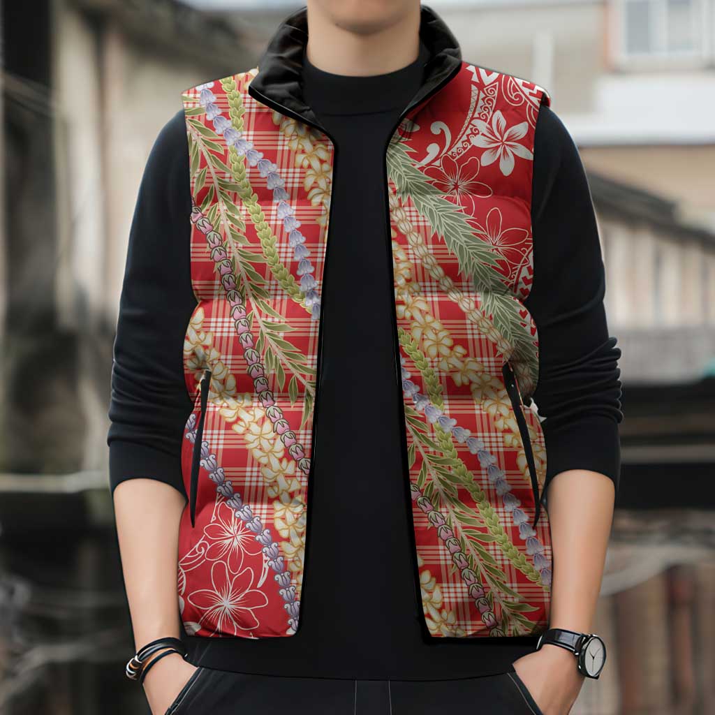 Red Palaka Hawaii Leis Sleeveless Puffer Jacket Hawaiian-plaid Elegant Tropical Vibes - Polynesian Pride