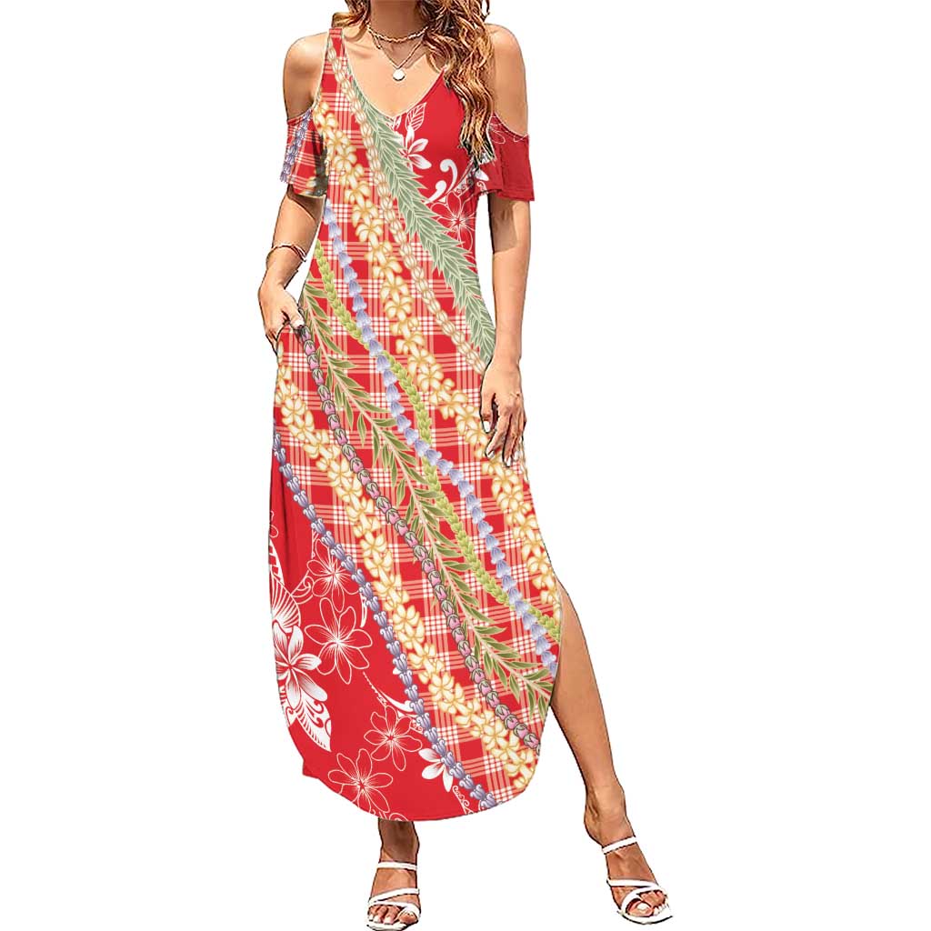 Red Palaka Hawaii Leis Summer Maxi Dress Hawaiian-plaid Elegant Tropical Vibes - Polynesian Pride
