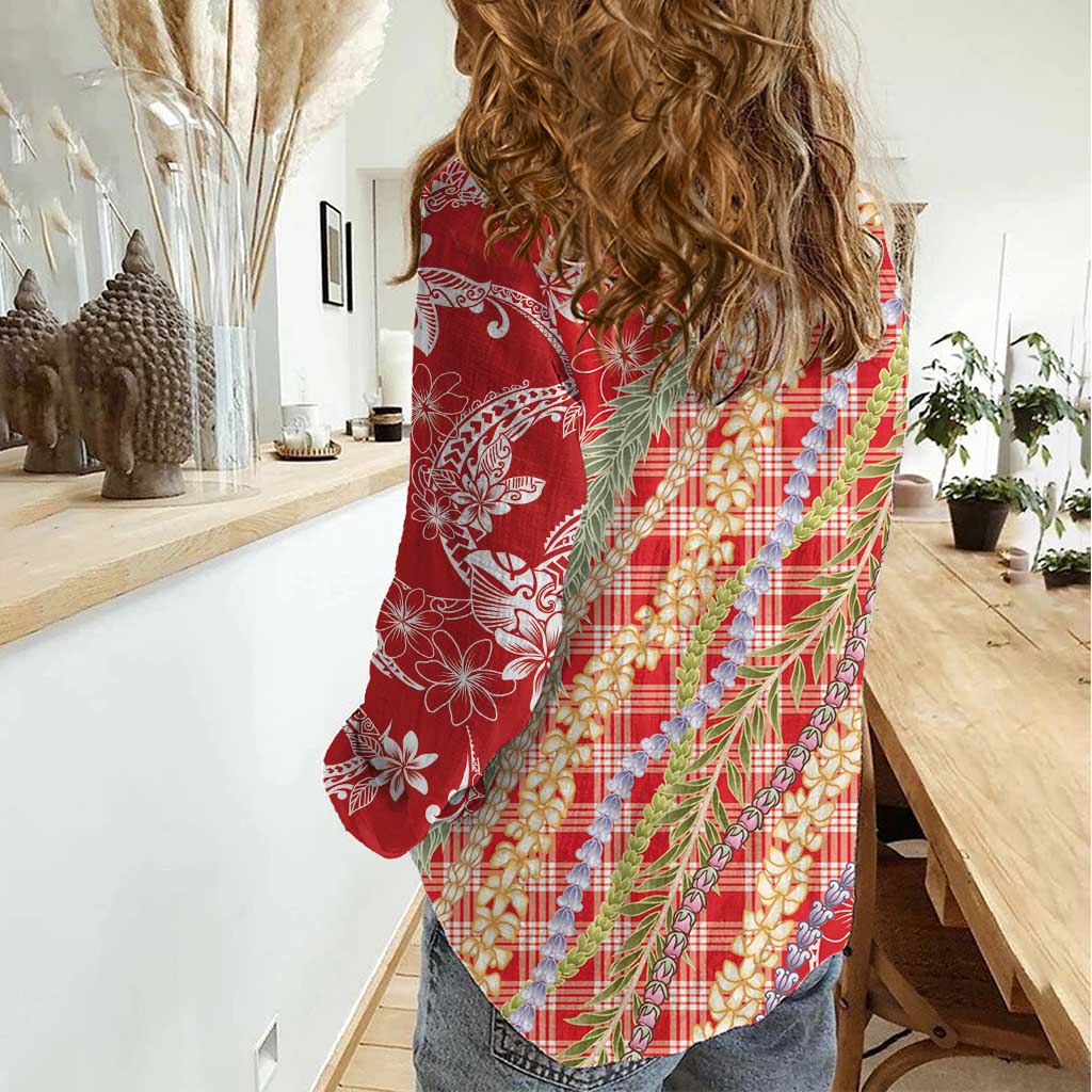 Red Palaka Hawaii Leis Women Casual Shirt Hawaiian-plaid Elegant Tropical Vibes - Polynesian Pride