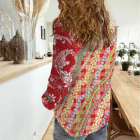 Red Palaka Hawaii Leis Women Casual Shirt Hawaiian-plaid Elegant Tropical Vibes - Polynesian Pride