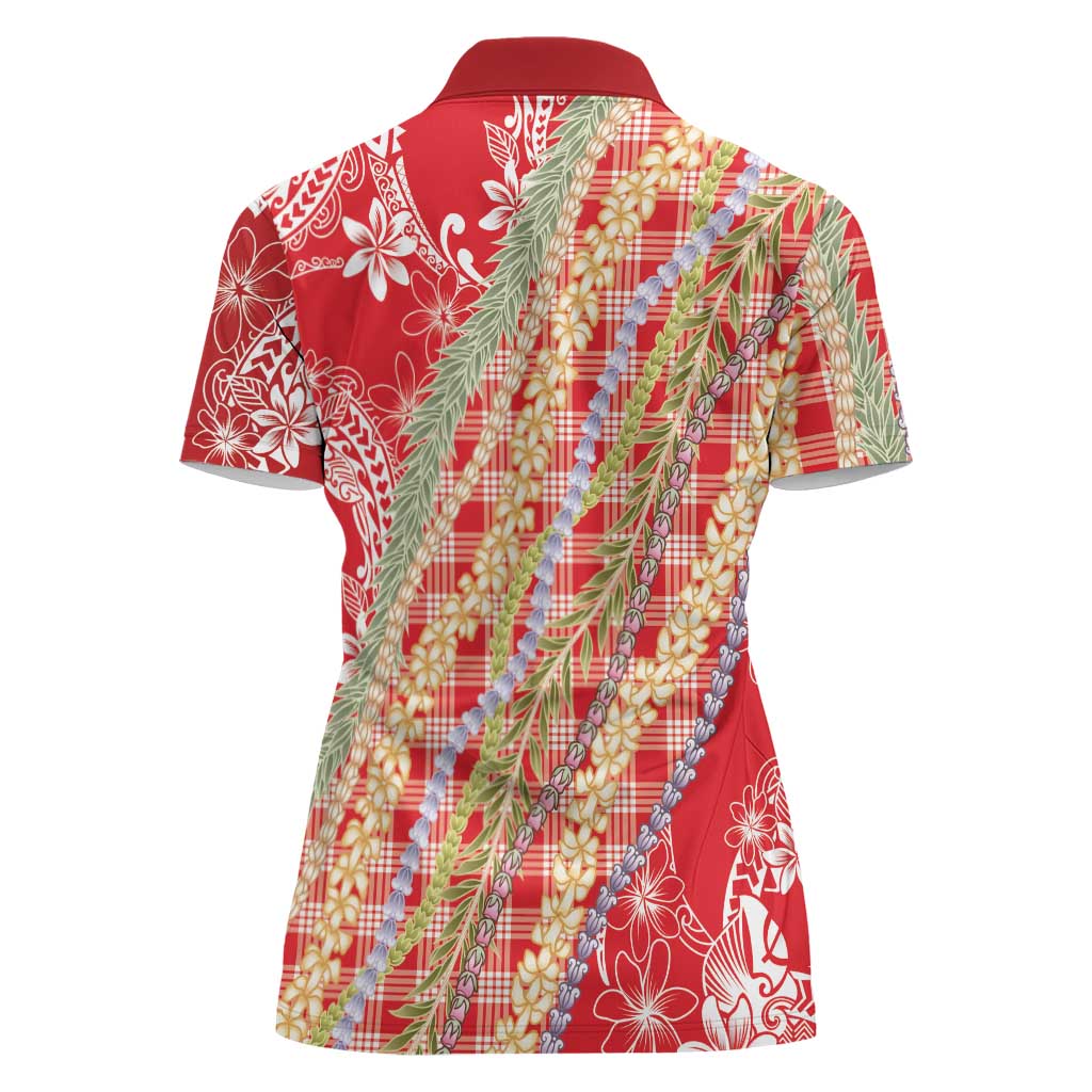 Red Palaka Hawaii Leis Women Polo Shirt Hawaiian-plaid Elegant Tropical Vibes - Polynesian Pride