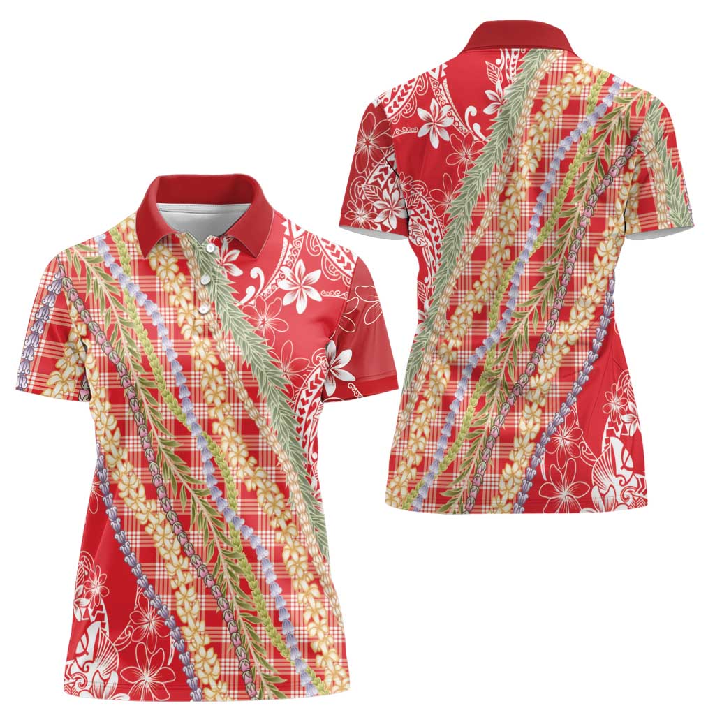 Red Palaka Hawaii Leis Women Polo Shirt Hawaiian-plaid Elegant Tropical Vibes - Polynesian Pride