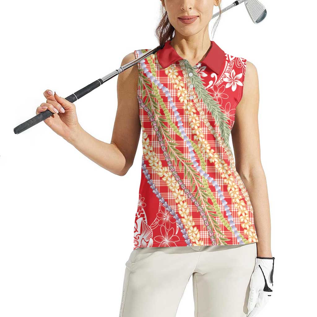 Red Palaka Hawaii Leis Women Sleeveless Polo Shirt Hawaiian-plaid Elegant Tropical Vibes - Polynesian Pride