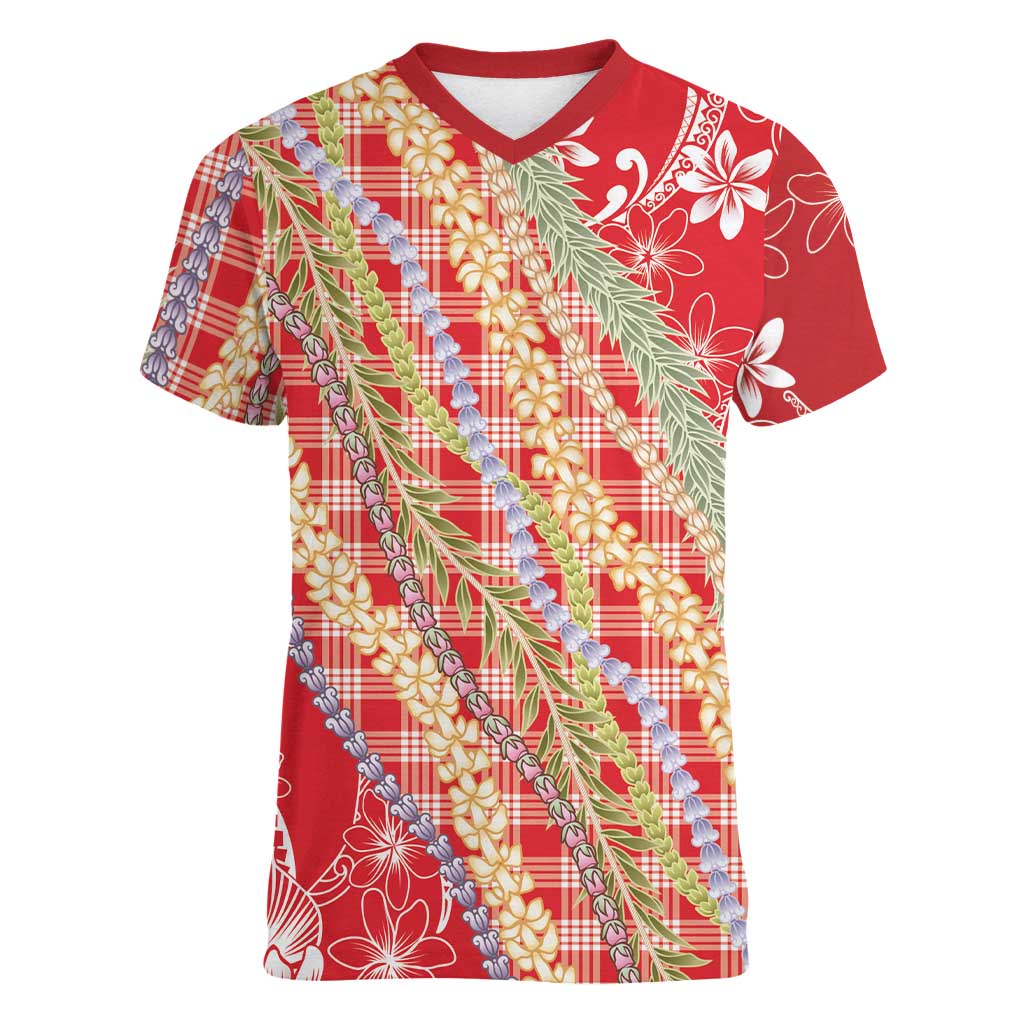 Red Palaka Hawaii Leis Women V-Neck T-Shirt Hawaiian-plaid Elegant Tropical Vibes - Polynesian Pride
