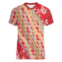 Red Palaka Hawaii Leis Women V-Neck T-Shirt Hawaiian-plaid Elegant Tropical Vibes - Polynesian Pride