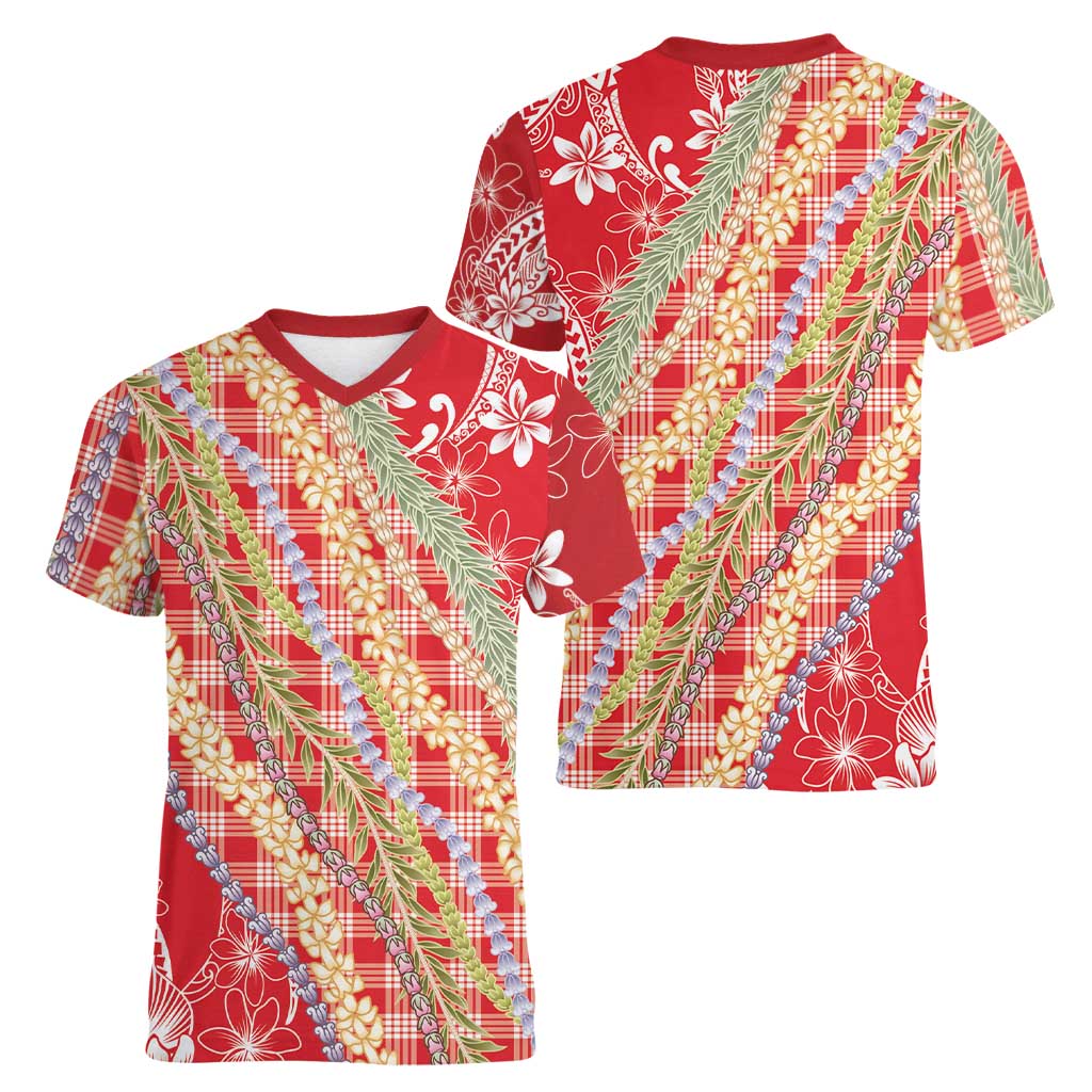 Red Palaka Hawaii Leis Women V-Neck T-Shirt Hawaiian-plaid Elegant Tropical Vibes - Polynesian Pride