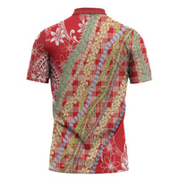 Red Palaka Hawaii Leis Zipper Polo Shirt Hawaiian-plaid Elegant Tropical Vibes - Polynesian Pride