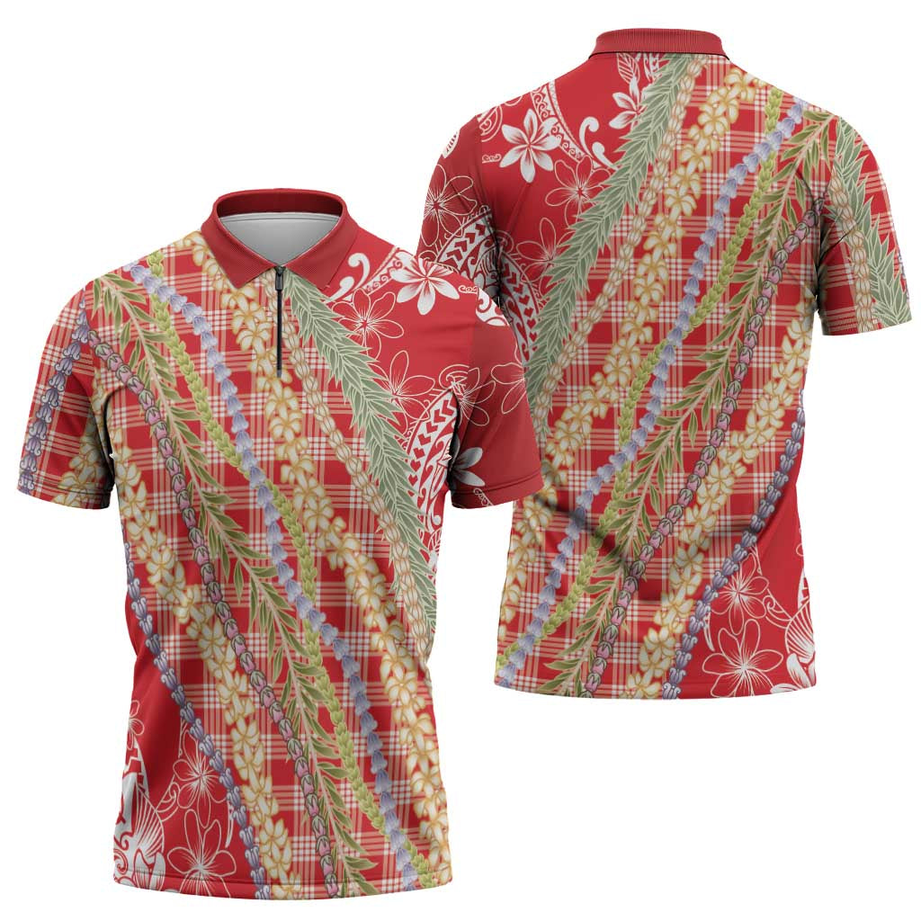 Red Palaka Hawaii Leis Zipper Polo Shirt Hawaiian-plaid Elegant Tropical Vibes - Polynesian Pride