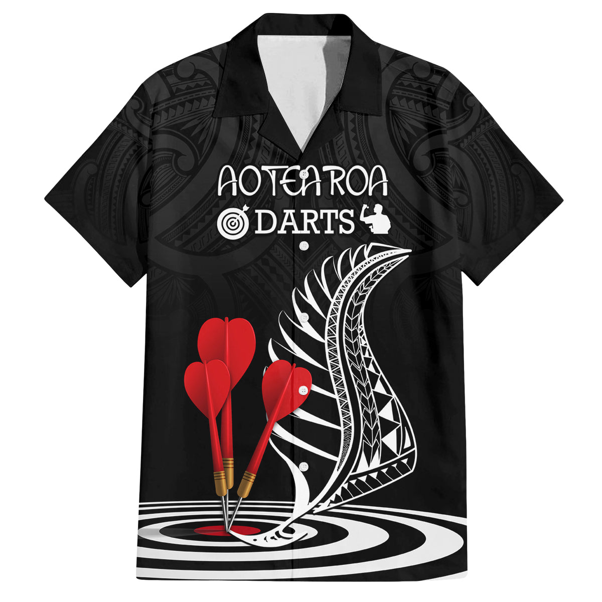 Personalised New Zealand Darts Family Matching Off Shoulder Long Sleeve Dress and Hawaiian Shirt Aotearoa Maori Fern Bring It On LT14 Dad's Shirt - Short Sleeve Black - Polynesian Pride