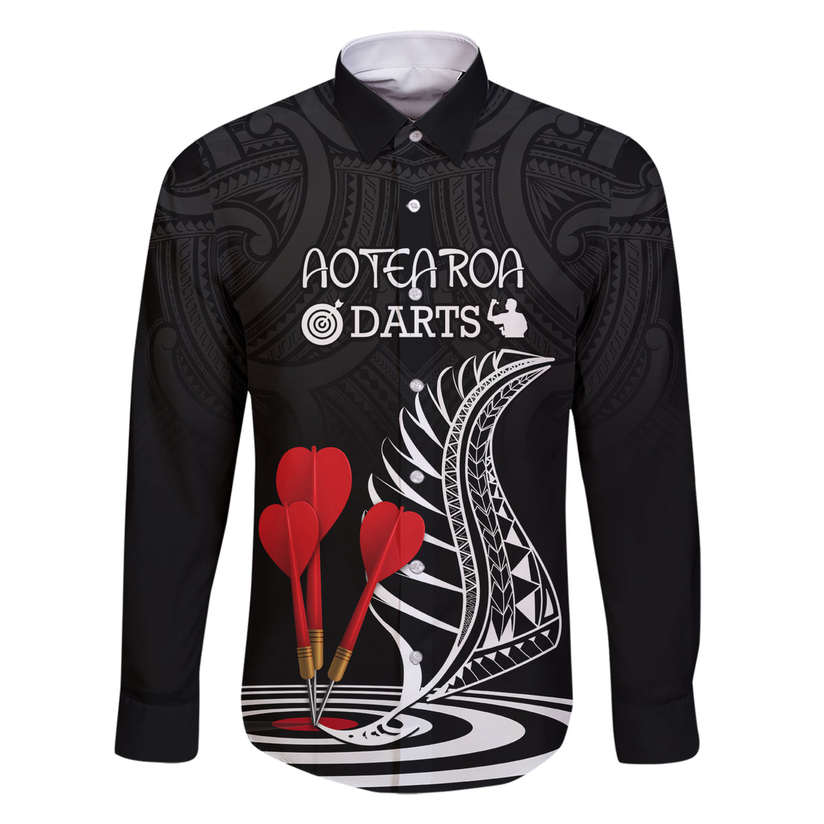 Personalised New Zealand Darts Family Matching Short Sleeve Bodycon Dress and Hawaiian Shirt Aotearoa Maori Fern Bring It On LT14 Dad's Shirt - Long Sleeve Black - Polynesian Pride