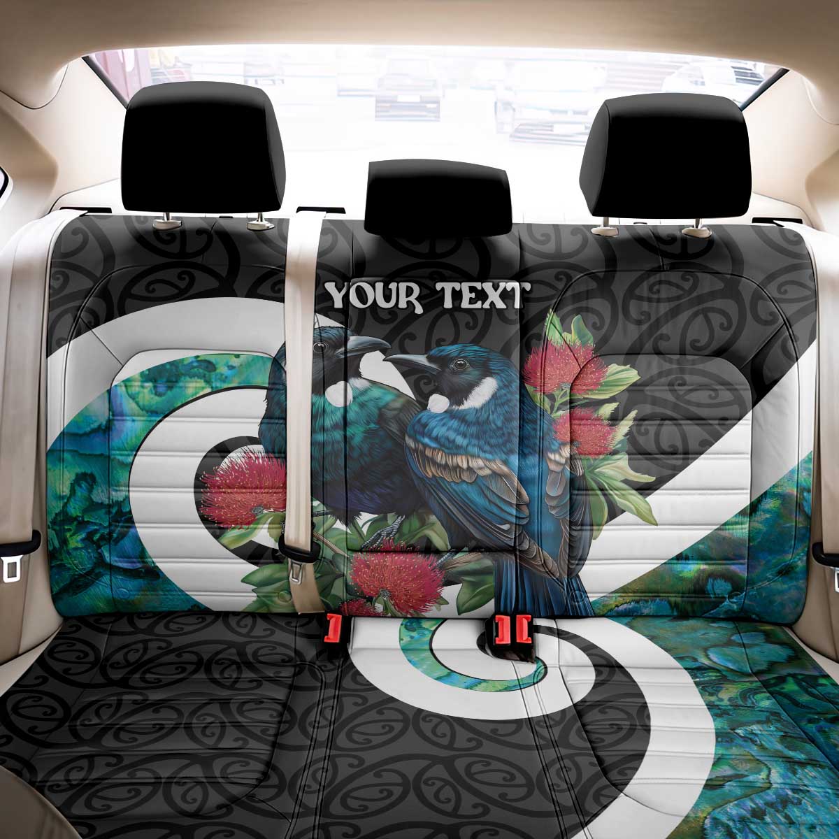 Personalised Valentine's Day New Zealand Back Car Seat Cover Tui Bird Couple Kowhaiwhai Mix Pohutukawa LT14 - Polynesian Pride