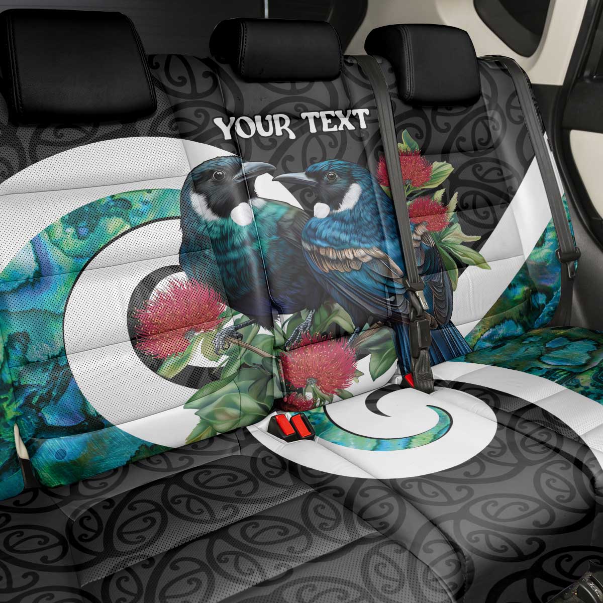 Personalised Valentine's Day New Zealand Back Car Seat Cover Tui Bird Couple Kowhaiwhai Mix Pohutukawa LT14 - Polynesian Pride