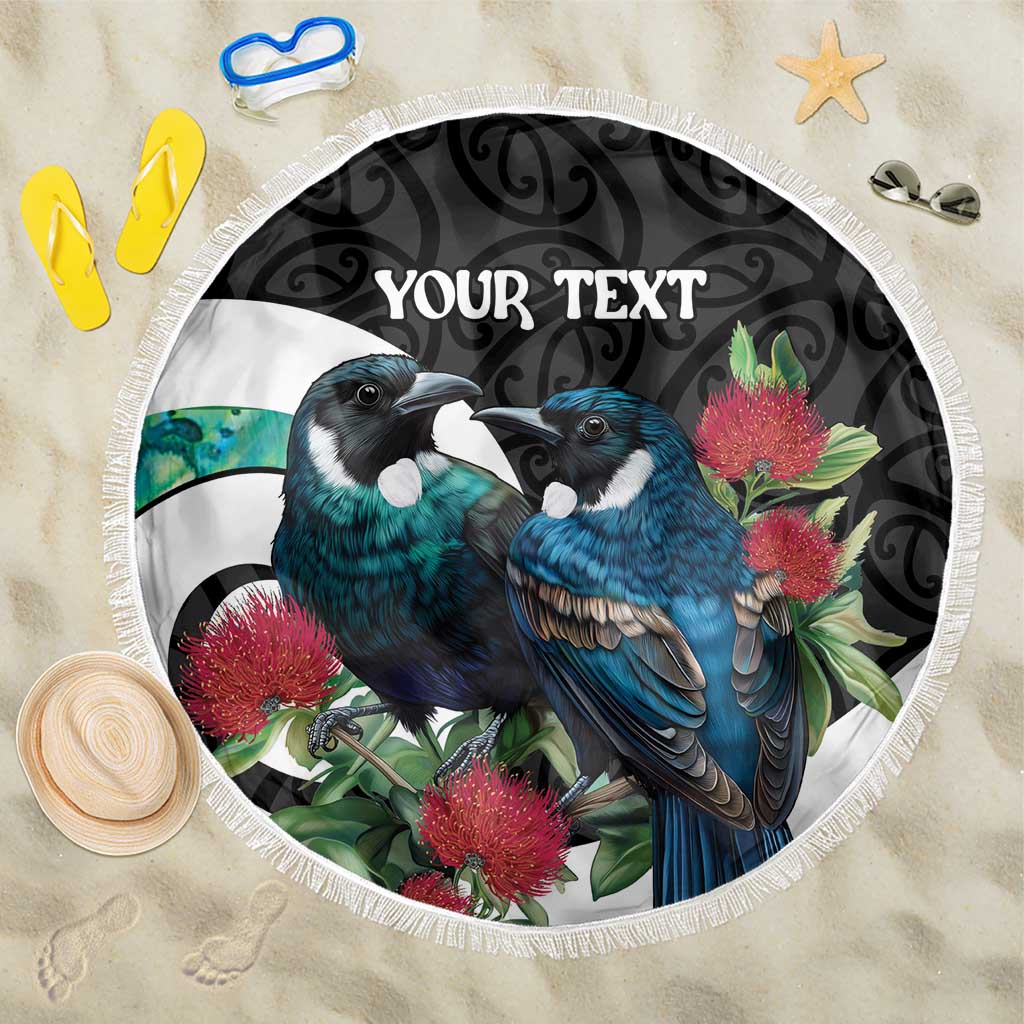 Personalised Valentine's Day New Zealand Beach Blanket Tui Bird Couple Kowhaiwhai Mix Pohutukawa LT14 One Size 150cm Black - Polynesian Pride