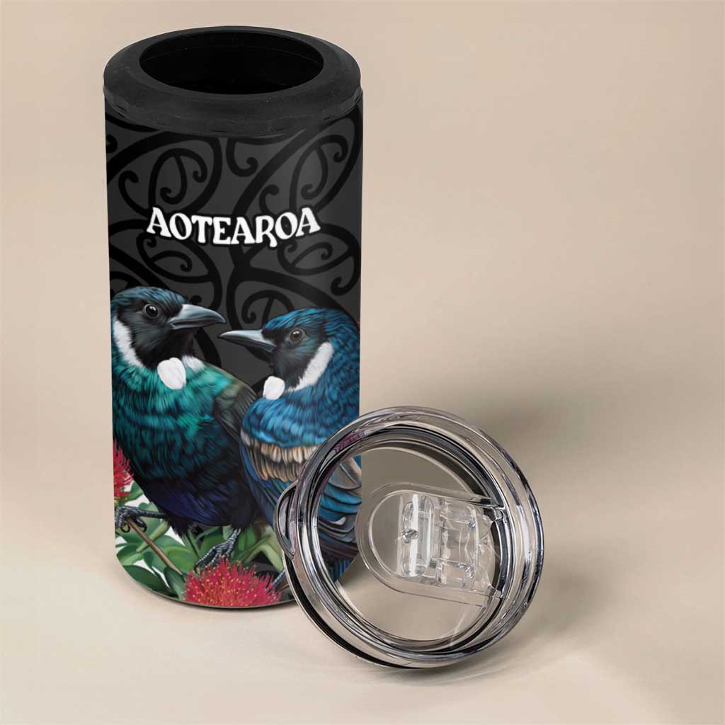 Personalised Valentine's Day New Zealand 4 in 1 Can Cooler Tumbler Tui Bird Couple Kowhaiwhai Mix Pohutukawa LT14 - Polynesian Pride