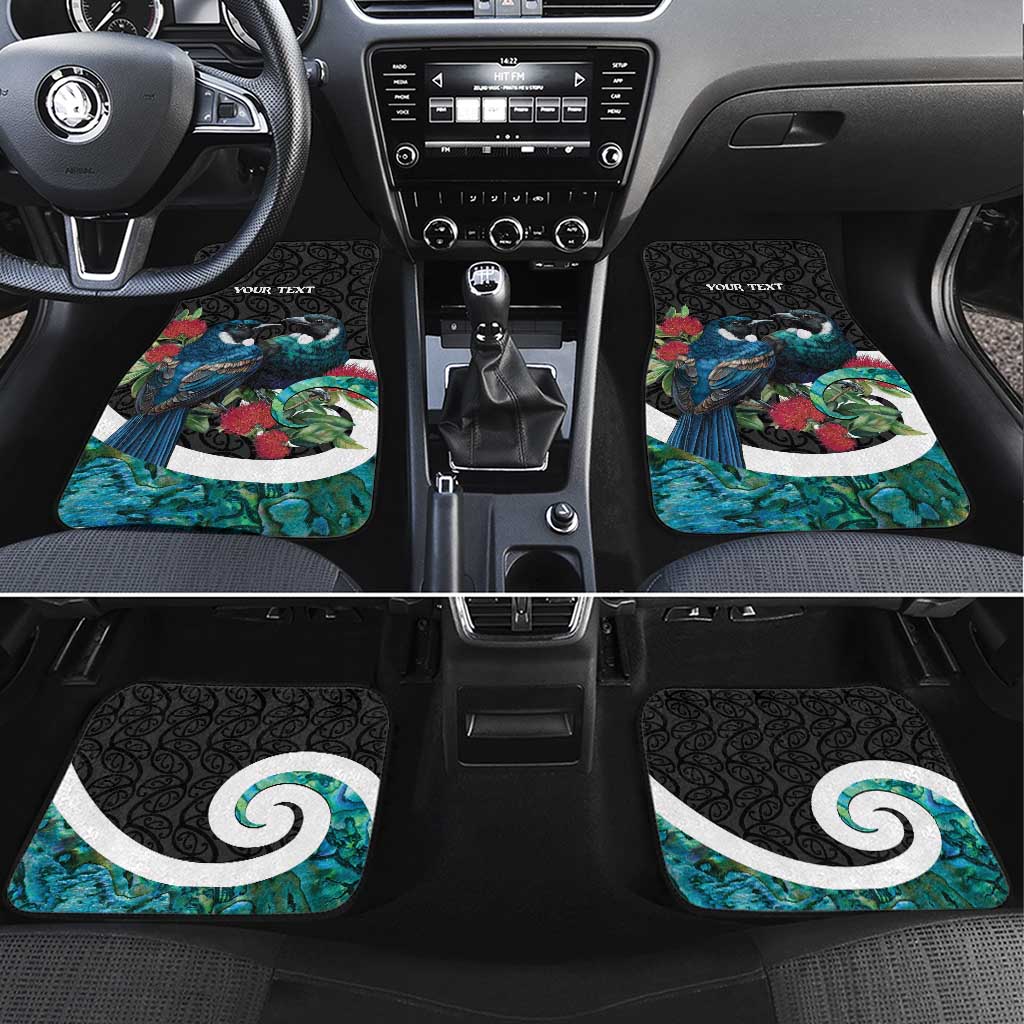 Personalised Valentine's Day New Zealand Car Mats Tui Bird Couple Kowhaiwhai Mix Pohutukawa LT14 Set 4pcs Black - Polynesian Pride