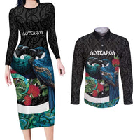 Personalised Valentine's Day New Zealand Couples Matching Long Sleeve Bodycon Dress and Long Sleeve Button Shirt Tui Bird Couple Kowhaiwhai Mix Pohutukawa LT14 Black - Polynesian Pride