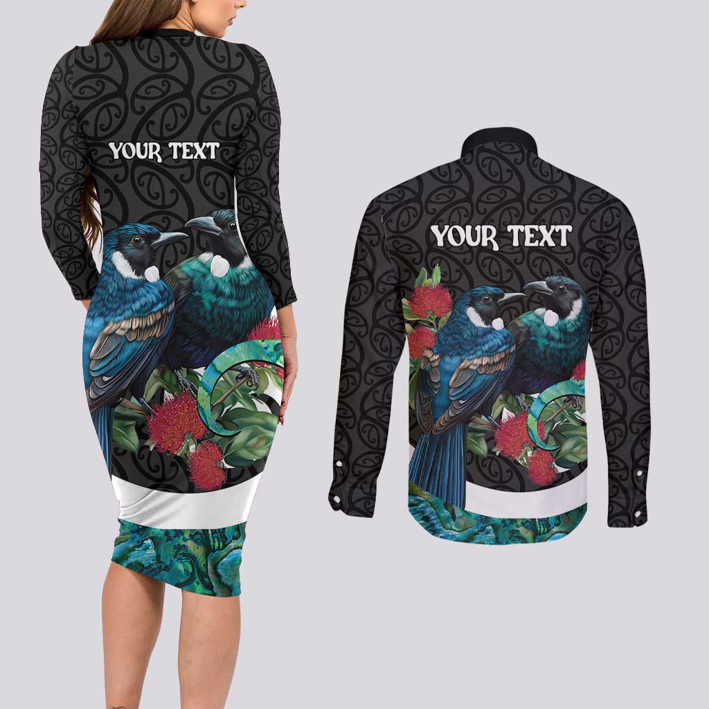 Personalised Valentine's Day New Zealand Couples Matching Long Sleeve Bodycon Dress and Long Sleeve Button Shirt Tui Bird Couple Kowhaiwhai Mix Pohutukawa LT14 - Polynesian Pride