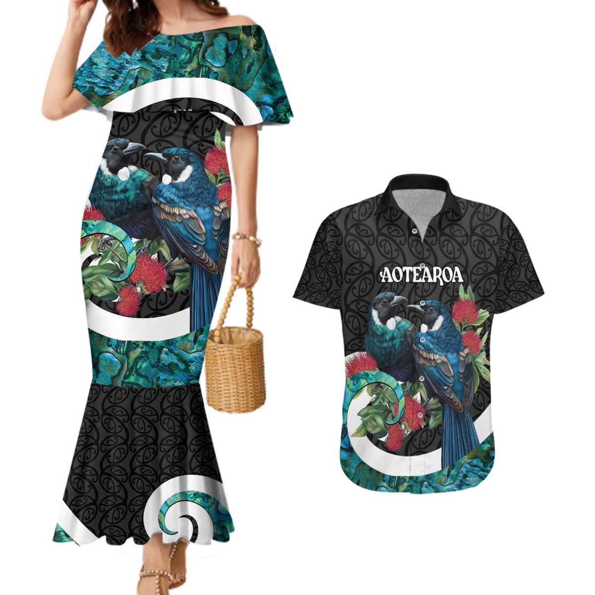 Personalised Valentine's Day New Zealand Couples Matching Mermaid Dress and Hawaiian Shirt Tui Bird Couple Kowhaiwhai Mix Pohutukawa LT14 Black - Polynesian Pride