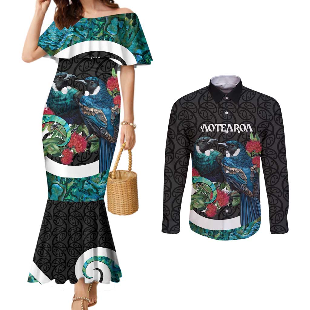 Personalised Valentine's Day New Zealand Couples Matching Mermaid Dress and Long Sleeve Button Shirt Tui Bird Couple Kowhaiwhai Mix Pohutukawa LT14 Black - Polynesian Pride