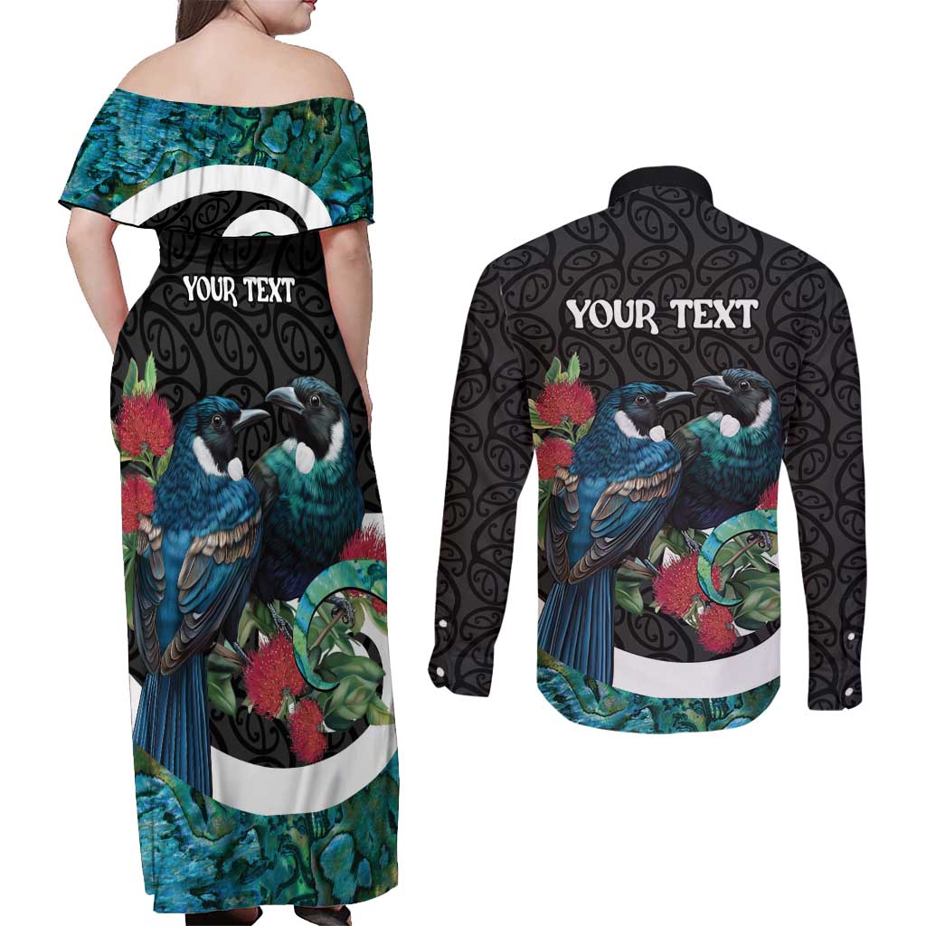 Personalised Valentine's Day New Zealand Couples Matching Off Shoulder Maxi Dress and Long Sleeve Button Shirt Tui Bird Couple Kowhaiwhai Mix Pohutukawa LT14 - Polynesian Pride