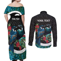 Personalised Valentine's Day New Zealand Couples Matching Off Shoulder Maxi Dress and Long Sleeve Button Shirt Tui Bird Couple Kowhaiwhai Mix Pohutukawa LT14 - Polynesian Pride