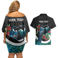 Personalised Valentine's Day New Zealand Couples Matching Off Shoulder Short Dress and Hawaiian Shirt Tui Bird Couple Kowhaiwhai Mix Pohutukawa LT14 - Polynesian Pride