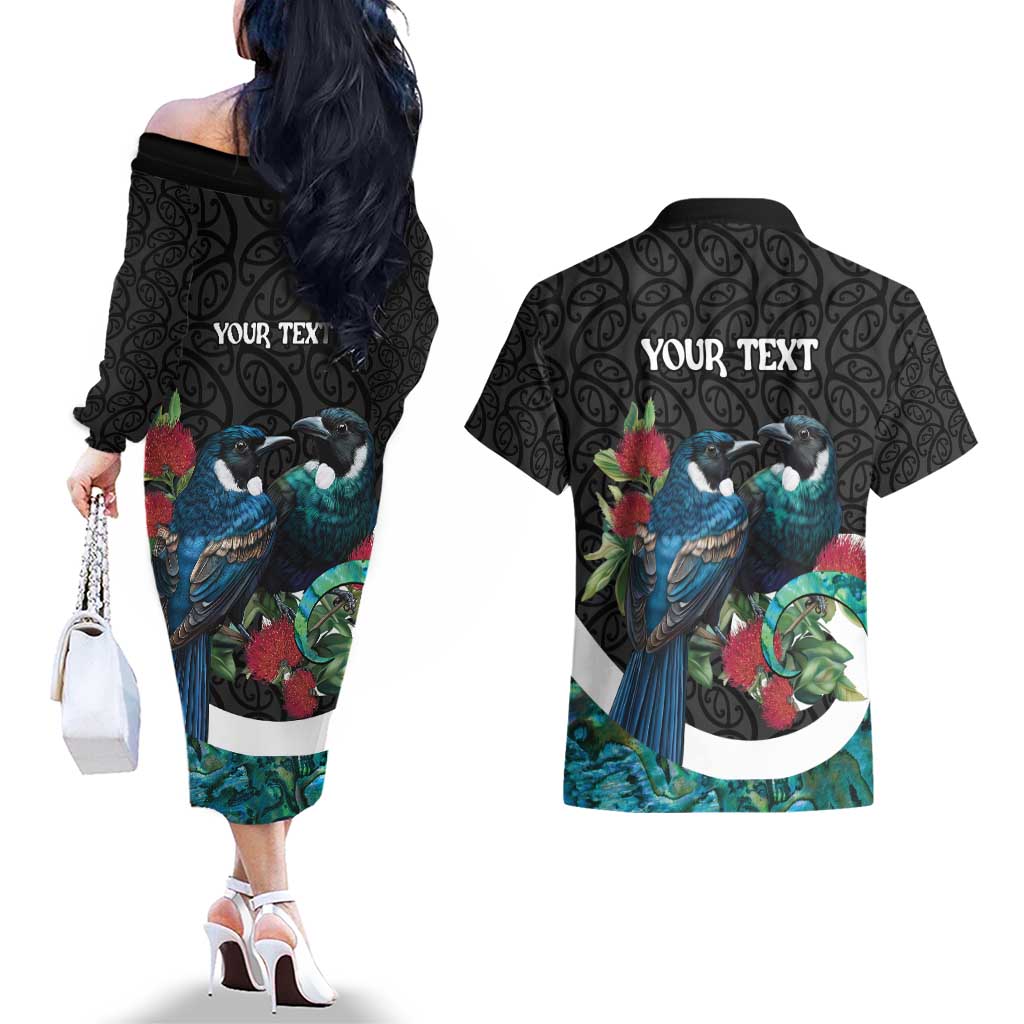 Personalised Valentine's Day New Zealand Couples Matching Off The Shoulder Long Sleeve Dress and Hawaiian Shirt Tui Bird Couple Kowhaiwhai Mix Pohutukawa LT14 - Polynesian Pride