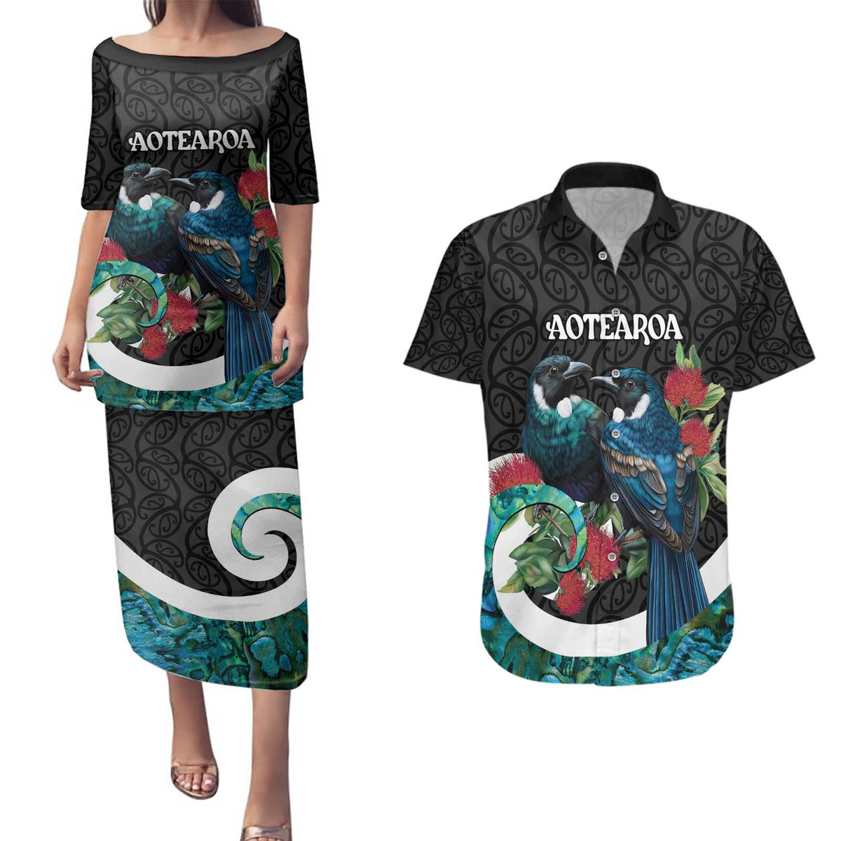 Personalised Valentine's Day New Zealand Couples Matching Puletasi and Hawaiian Shirt Tui Bird Couple Kowhaiwhai Mix Pohutukawa LT14 Black - Polynesian Pride