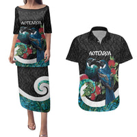 Personalised Valentine's Day New Zealand Couples Matching Puletasi and Hawaiian Shirt Tui Bird Couple Kowhaiwhai Mix Pohutukawa LT14 Black - Polynesian Pride