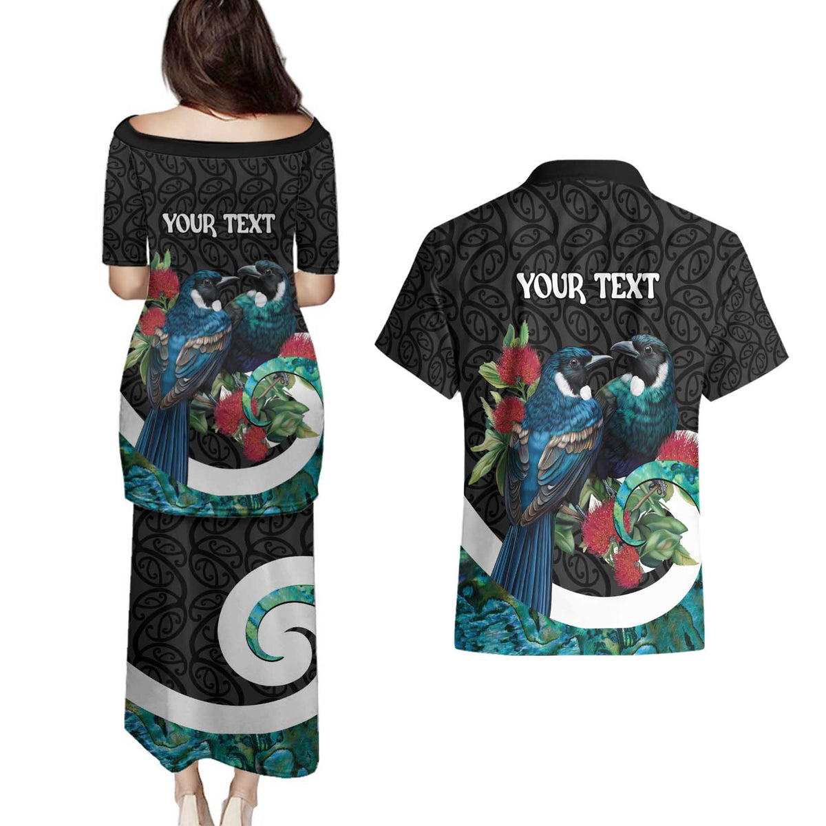 Personalised Valentine's Day New Zealand Couples Matching Puletasi and Hawaiian Shirt Tui Bird Couple Kowhaiwhai Mix Pohutukawa LT14 - Polynesian Pride