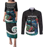 Personalised Valentine's Day New Zealand Couples Matching Puletasi and Long Sleeve Button Shirt Tui Bird Couple Kowhaiwhai Mix Pohutukawa LT14 Black - Polynesian Pride