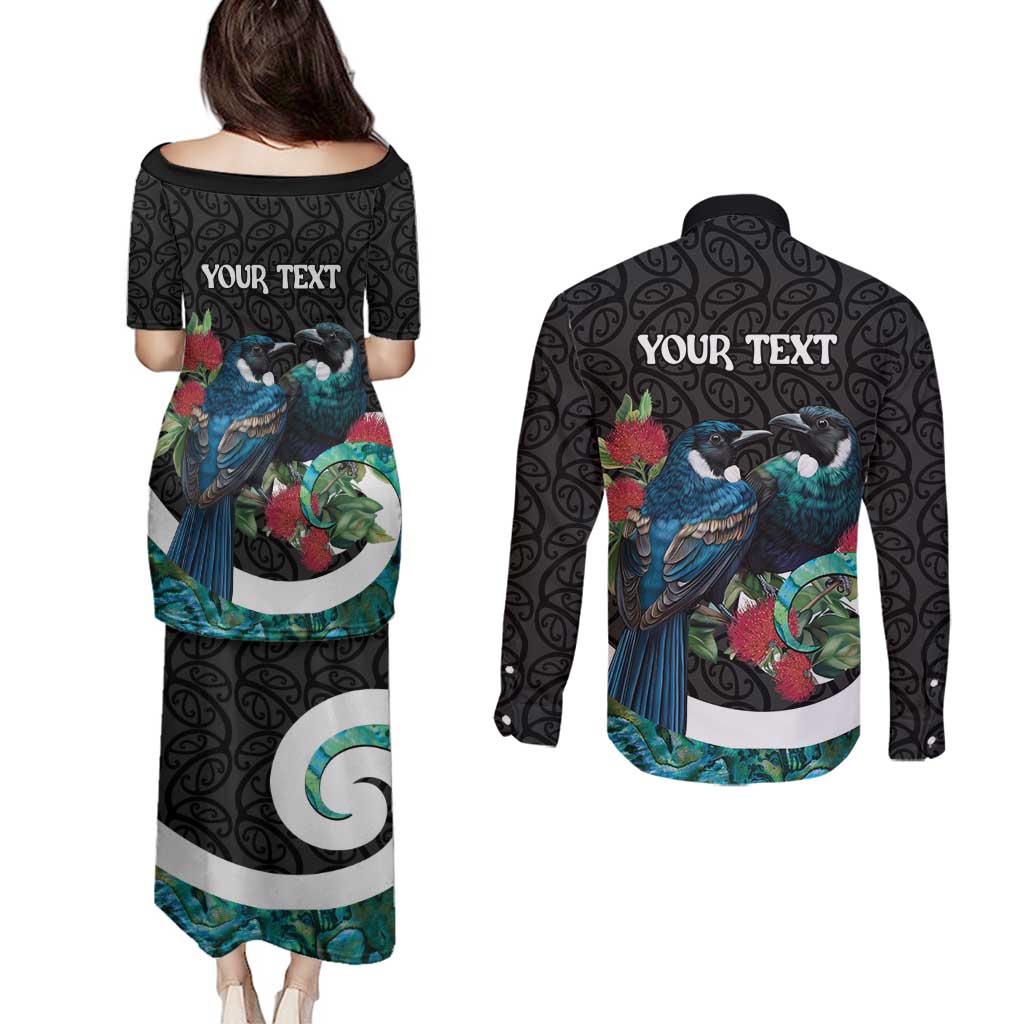 Personalised Valentine's Day New Zealand Couples Matching Puletasi and Long Sleeve Button Shirt Tui Bird Couple Kowhaiwhai Mix Pohutukawa LT14 - Polynesian Pride