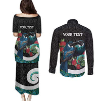 Personalised Valentine's Day New Zealand Couples Matching Puletasi and Long Sleeve Button Shirt Tui Bird Couple Kowhaiwhai Mix Pohutukawa LT14 - Polynesian Pride