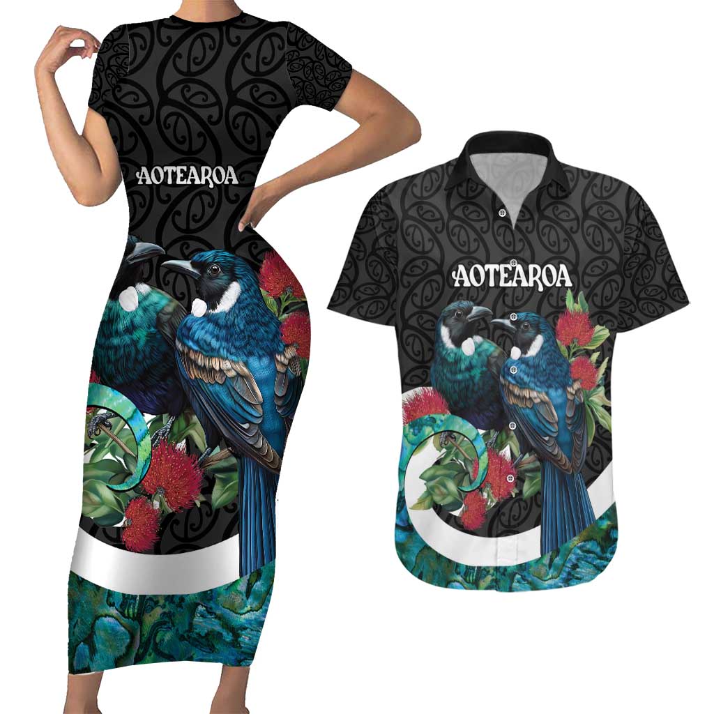 Personalised Valentine's Day New Zealand Couples Matching Short Sleeve Bodycon Dress and Hawaiian Shirt Tui Bird Couple Kowhaiwhai Mix Pohutukawa LT14 Black - Polynesian Pride