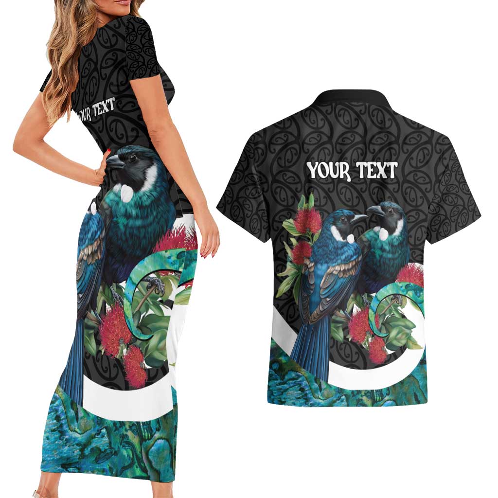 Personalised Valentine's Day New Zealand Couples Matching Short Sleeve Bodycon Dress and Hawaiian Shirt Tui Bird Couple Kowhaiwhai Mix Pohutukawa LT14 - Polynesian Pride
