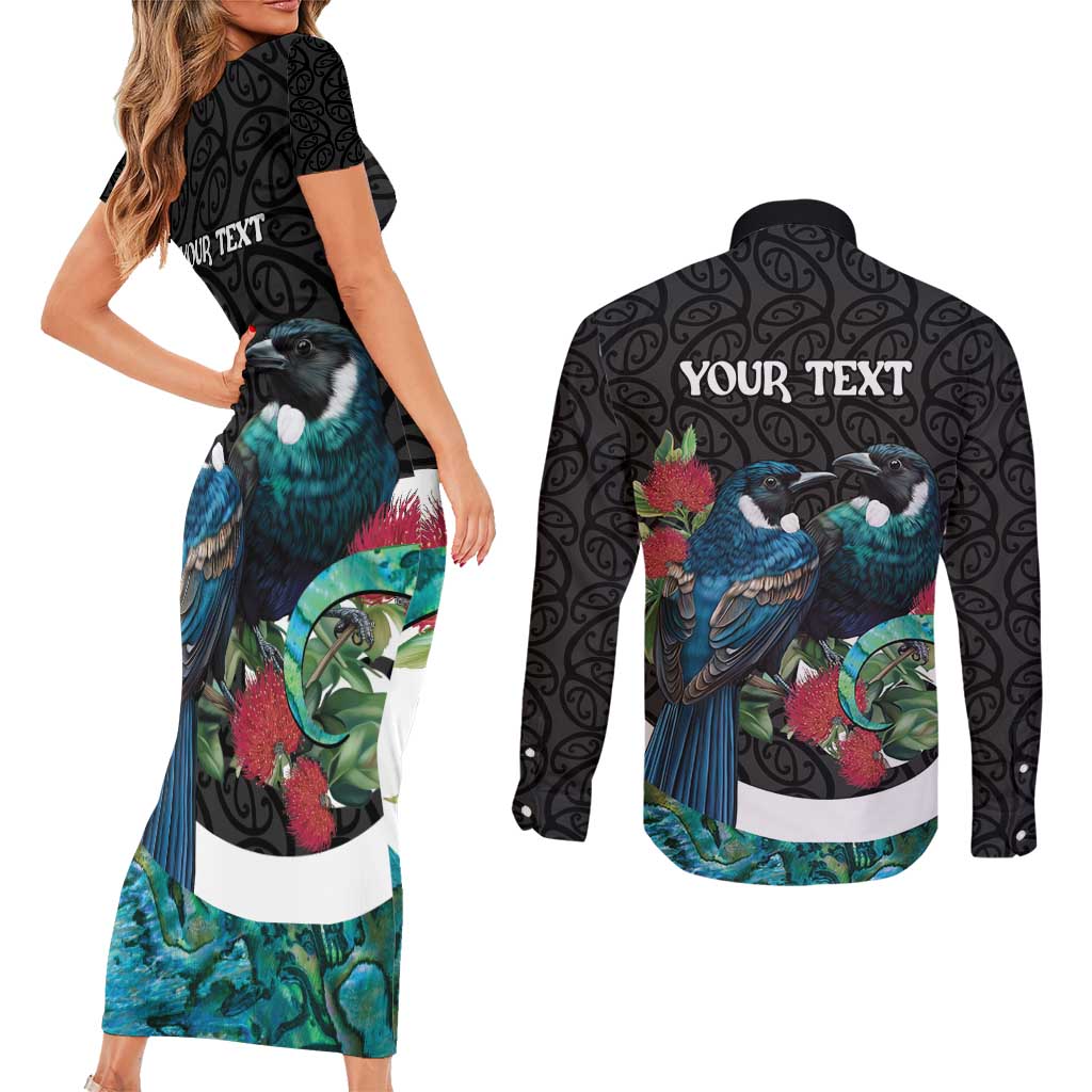 Personalised Valentine's Day New Zealand Couples Matching Short Sleeve Bodycon Dress and Long Sleeve Button Shirt Tui Bird Couple Kowhaiwhai Mix Pohutukawa LT14 - Polynesian Pride