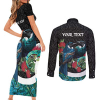 Personalised Valentine's Day New Zealand Couples Matching Short Sleeve Bodycon Dress and Long Sleeve Button Shirt Tui Bird Couple Kowhaiwhai Mix Pohutukawa LT14 - Polynesian Pride