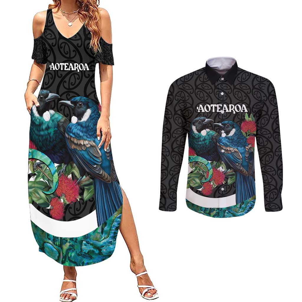 Personalised Valentine's Day New Zealand Couples Matching Summer Maxi Dress and Long Sleeve Button Shirt Tui Bird Couple Kowhaiwhai Mix Pohutukawa LT14 Black - Polynesian Pride